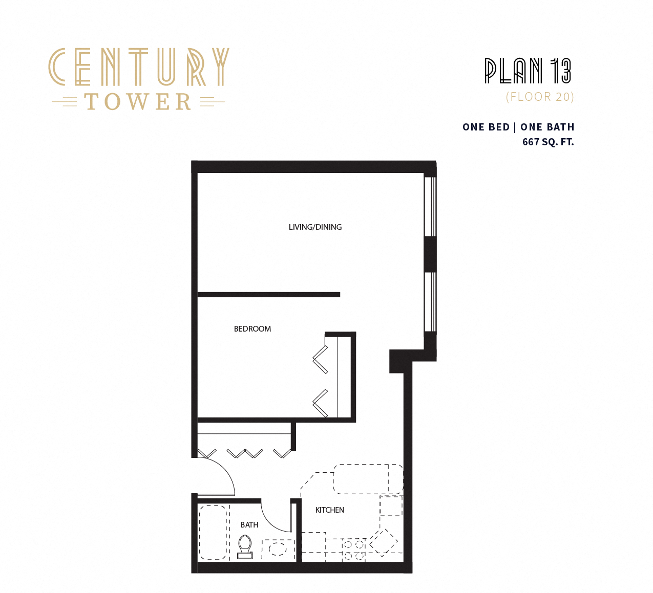 Floor plan for 1 bed, 1 bath, 667 sqft